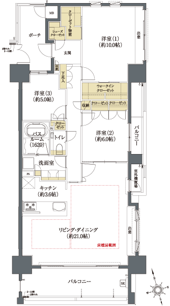 Occupied area: 104.38 sq m , Balcony area: 15.85 sq m , Porch area: 8.43 sq m , Outdoor unit yard area: 4.82 sq m , Meter box area: 0.72 sq m (E type ・ 3LDK)