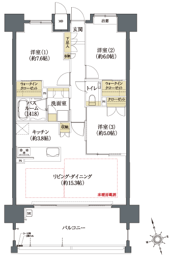 Footprint: 81.12 sq m , Balcony area: 18.46 sq m , Meter box area: 0.9 sq m (D type ・ 3LDK)