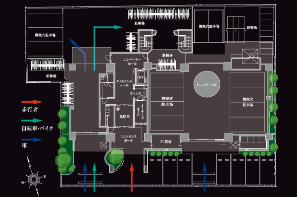  [1 Kaishikichi layout] Parking Lot ・ The parking lot entrance features a shutter gate to protect the car. Arranged green planting the entrance porch on the road side of the building started, Create a moist landscape.