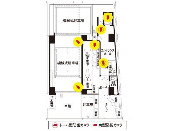 Security.  [Security camera installation] Placing a security camera in a place easily become a blind spot in the site. The existence itself of the camera will exert a great crime prevention effect. Even living alone, Safe security measures in the peace of mind. (Conceptual diagram)