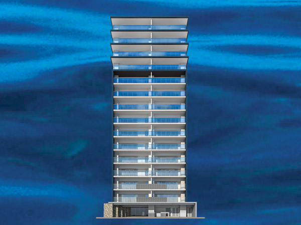 Features of the building.  [appearance] The concept is presence as Riverside apartment. Appearance form that wearing a Midori, such as blend in with the river of the main stream is in a new landmark of Kawaramachi. Design frame, which was based on BLUE shine in streets surrounding the floor up to the 11th floor. The balcony of the River View more Tanoshimeru so to have adopted the glass handrail. (Exterior - Rendering. In fact a somewhat different in the things that caused draw on the basis of the drawings)