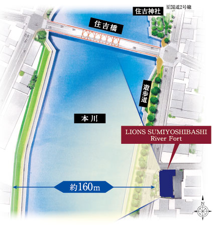 Buildings and facilities. Raise the living value of, Zentei Riverview × openness. Through the lush promenade, The opposite shore to about 160m. Feel the flow of the main river, Openness of the entire mansion Riverview to look up at the sky, It enhances the living value of. (Location layout)