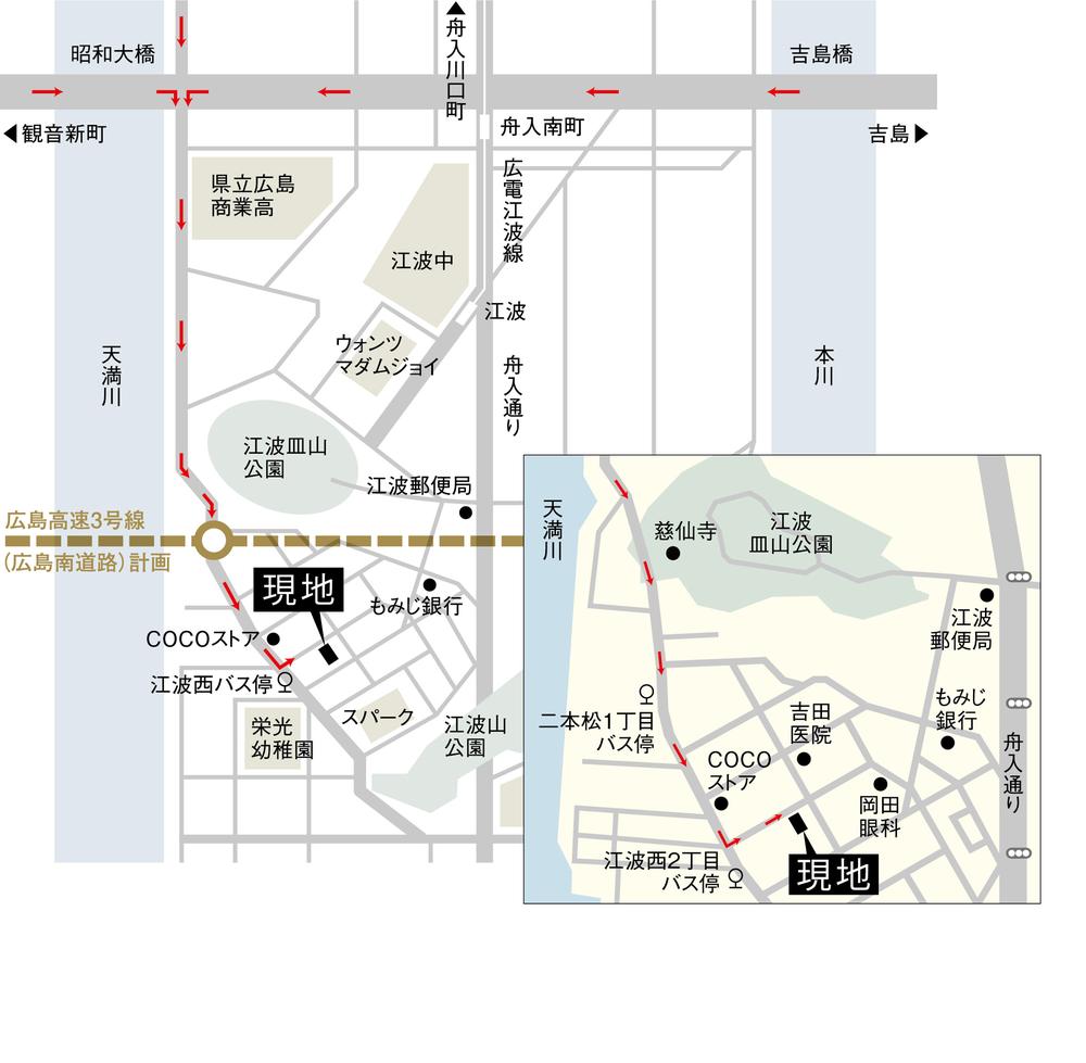 Local guide map. South road along the Tenma River. After passing through the COCO store's, Immediately turn left.