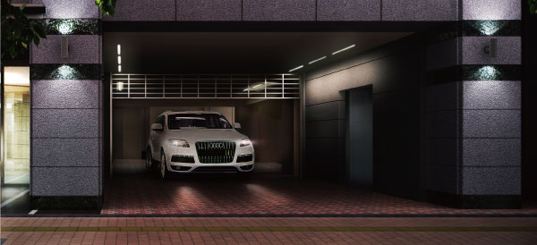 Shared facilities.  [Shutter gate Rendering] Adopt a shutter gate in the doorway of the elevator parking also corresponding to large vehicles. You can open and close by simply operating the remote control while riding in car. Enhance crime prevention to prevent intrusion from the outside by installing the shutter, further, Also it gives due consideration to the safety with obstacle detection feature that automatically stops when there is an obstacle in the shutter of the drop.