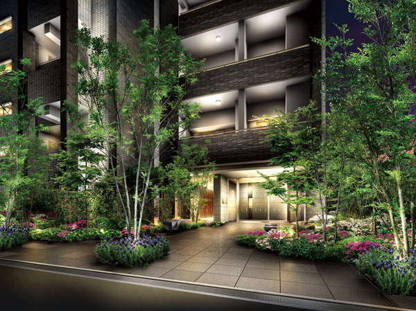 Shared facilities.  [Entrance Rendering] Entrance approach wicket gate of trees swaying from the symbolic Takagi was placed in front passage, In the flow line, such as lure. Also, To be a place of Talking, Stool and natural stone, Also considered such as the sense of volume of planting feel the four seasons.