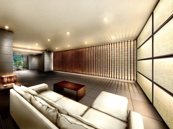 Shared facilities.  [Entrance Hall Rendering] Entrance hall, By clearly separating the as "relaxing zone," "passing zone of the people.", It is configured with an emphasis on production of lounge space. And soft atmosphere you have configured the indirect lighting and louver on one wall, Sofa and center table tailored to it, You are space configurations that calm in the item, such as a stand.