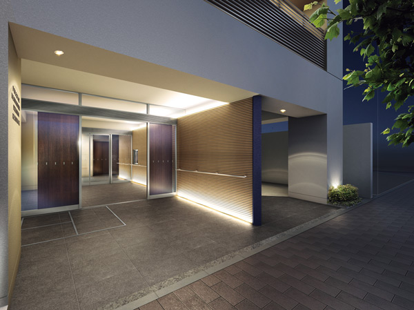 Shared facilities.  [Expression of the entrance to feel the softness in the sharpness] Promenade of Peace Boulevard green tree-lined is contiguous. Beyond that, Sophisticated entrance are greeted by a simple. Such as the door of a texture tiles and wood, Material also select those suitable for the city of residence. Feel the softness in sharp, It is the appearance with a strong presence. (Approach Rendering)