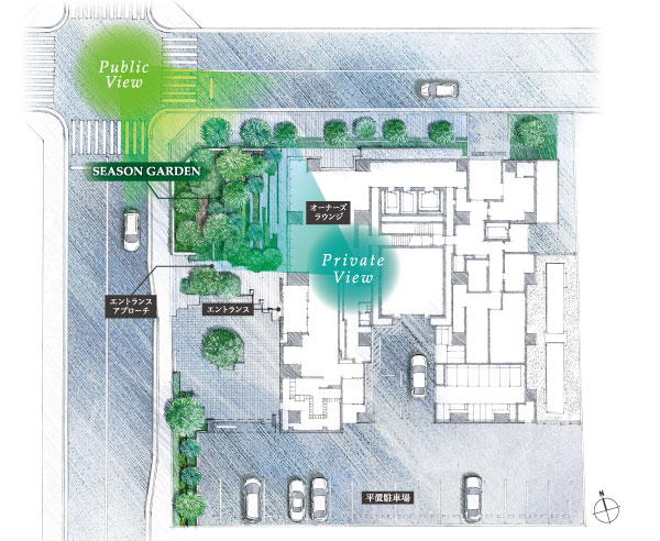 Shared facilities.  [Site planning] Site planning was richly planted green trees. Place the garden named "season Garden" on the position of the site in the northwest side. To form a green mall that leads to the city center, Impress you deeply the boundary between the irreplaceable rest of the area. Takagi of trees, including the height of about 6.5m symbol tree of people are, Directing the expression of moisture by the scenic beauty and green in the city, Consideration to eyes from the outside. Landscape views from the building in the lounge, It gives you the excitement and the four seasons of beauty as the garden of a private residence. (Site planning illustrations ※ 1 ※ 3 ※ 4)
