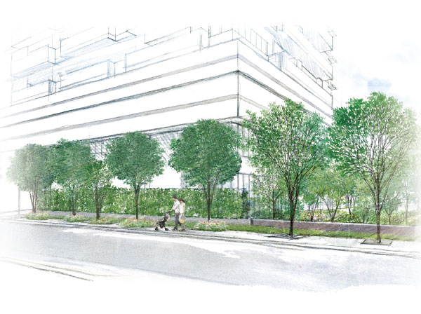 Shared facilities.  [Public View] When viewed from the outside of the site, Lush landscape is forged in the city center, To further complement the presence of a mansion. Also, By the site boundary to be placed in the center of the Takagi, Also it provides the ability to control the line of sight from the outside. (Illustration overlooking the season Garden from the north road ※ 1 ※ 3 ※ 4)