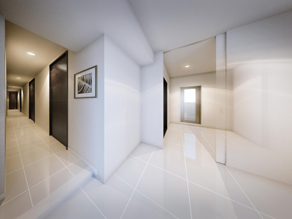 Interior.  [Wide entrance <all premises> + dirt floor plan <A ・ C type> Careers] Mansion Even though wide entrance. It is the superiority of the space. Furthermore A ・ Arranged dirt floor following the entrance to the C type, It has achieved a further luxury space. (Entrance hall Rendering)