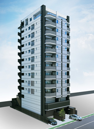 Shared facilities.  [Modern design that reflects a unique representation] Stylobate part with entrance, Directing style in a calm dark gray. Entire building is the appearance that gives a stylish impression by the addition of different materials and grid-like accent to keynote the white and gray, We wrapped the volupte and status of the things that live here. (Exterior view)