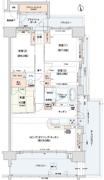 Building structure. Hr type 4LDK Occupied area / 86.1 sq m  Balcony area / 25.76 sq m  Roof balcony area / 16.82 sq m  Private trunk area / 3 sq m  Private porch area / 5.55 sq m