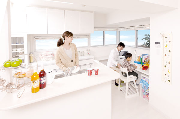 Building structure. Two-plane daylight with corner sash, A built-in cup board of, Verdi own "V- original kitchen" adopted. It has established a perfect family counter to the study desk!  ※ 2