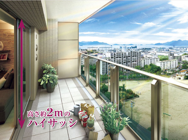 balcony ・ terrace ・ Private garden.  [balcony] Open enough feeling in the adoption of "Haisasshi" a height of about 2m. While incorporating the sunlight, Adopt a hard glass panel that looks from the outside.  ※ Glass panels used in the main balcony railing of the sixth floor more dwelling units. Photos posted model room (A2 type of design changes in the apartment gallery (paid ・ Which was taken the application deadline with) Plan), There is a case that is different from the standard specification. Outside the window of the landscape which was synthesized by CG processing a photograph showing the southwest than the height of the corresponding 15-floor site (May 2013 shooting), In fact and it may be slightly different.