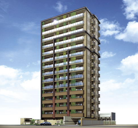 Shared facilities.  [Exterior - Rendering] The basic ground color, The image of a wind from the wind and the mountains from the sea, Exterior design Komu take the natural energy. Its form is subjected to three mullion agnostic regularity, Express the nature of the movement and flow of wind produce. By giving the movement on the design in detail, Carousel exudes the presence and sense of quality that was taking advantage of the environmental characteristics of the Shin Inokuchi.