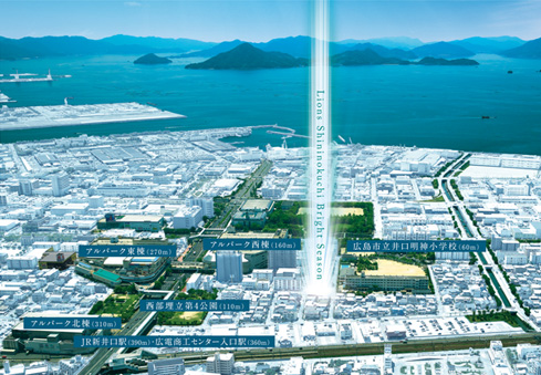 Photo of description and CG processing aerial photographs of the June 2013 shooting, A representation of the position of the listing light, In fact a somewhat different (Arupaku west wing 160m, JR Shin Inokuchi Station 390m)