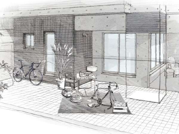 balcony ・ terrace ・ Private garden.  [terrace] Independent realism first floor angle dwelling unit provided with a private garden that follows from the terrace. Just clear the sense of openness, such as single-family houses will feel the peace irreplaceable in daily life. Even with the size of the margin as a gardening space, Enjoy lunch at outdoor feeling, Applications will spread to the flexible, such as goods of care. (A1 type Rendering)