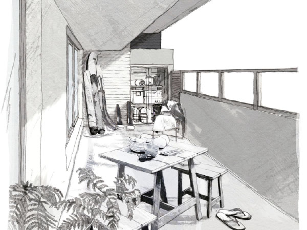 balcony ・ terrace ・ Private garden.  [terrace] Depth about 2.6m more than spacious terrace of, Spacious outdoor space. Because we have established a gateway to the private parking, You can put carry directly to the residence of the luggage from the car. Also, Equipped with 2 points at the trunk room, It is convenient to store your camping equipment and outdoor goods and seasonal. (B1 type Rendering)