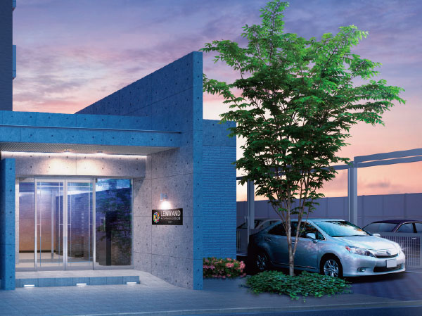 Shared facilities.  [Every season, Beautiful entrance to every time] Shaping the face of the mansion worthy of the residence was full of comfort and style. Entrance to the creation of a quality that does not in ornate theme, Wall and colonnade of exposed concrete crisp grid, And to have been refined by glass accentuate the sense of transparency look. (Entrance approach Rendering)