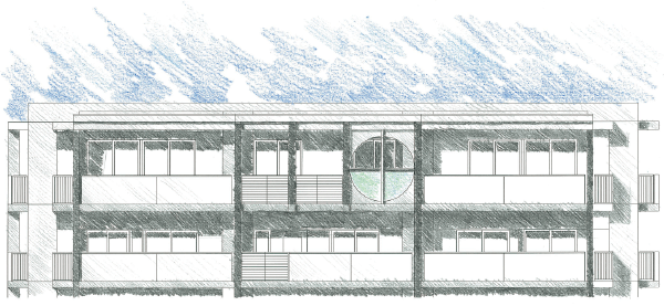 Shared facilities.  [To architecture can enjoy the quality time that flows in this town] Form that was based on bright modern taste, Without giving intimidated around the landscape, We arranged a beautiful presence in the neat appearance. The exhilaration that give the change, such as draw a vertical line added in the dark color of the tile, It highlighted the neat and dignified expression by designing a circle on the top floor. (Exterior Illustration)