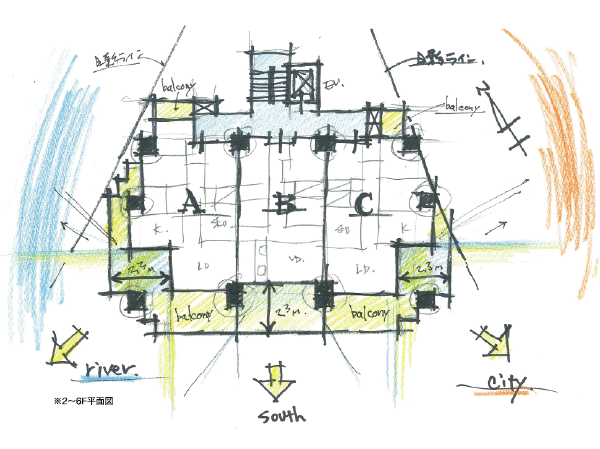 Shared facilities.  [Create a living space that captures the natural and urban landscape] Captures the landscape is blessed of the land, Planning the living space to enjoy life while leading to a light and wind in abundance. The green landscape of west direction mountains that spread to the other side with the Ota River Floodway. To house the east with a fun-free outdoor living with city views. South dwelling unit has a balcony that ensures the depth of the room. (Location plane Illustration)