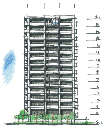 Shared facilities.  [In harmony with the landscape of the city while ensuring the space of the surrounding] Surrounding buildings takes a space with neighboring, Creating a landscape that was conscious of harmony with this calm town of landscape. Than it boasts only in presence that becomes the height of the 15-storey, By, for example, the building around arranging the green planting, I feel the scenery and quaint feel the peace in the line of sight of passers us as we build. (Exterior Illustration)