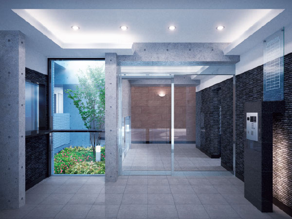 Buildings and facilities. Floor of porcelain tile, Baseboards of black granite, The wall is a combination of materials such as Uchihanashi Yokowari border tiles and concrete, In the space spun out an open and serene. Is Tsuboniwa the green and flowers have been planted, Not hot soften the heart, It makes an air of peaceful forget the urban hustle and bustle. (Entrance Hall Rendering)