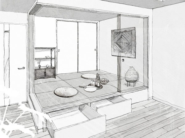 Room and equipment. The height of the tatami of gives us a calm some facial expressions Japanese-style room about from floor 35cm. When we sat at the same time and is easy to sit height, I do not feel high living is a natural height. further, In the Maeru storage space such as tatami under are plenty of seasonal. (Japanese-style B type Rendering)