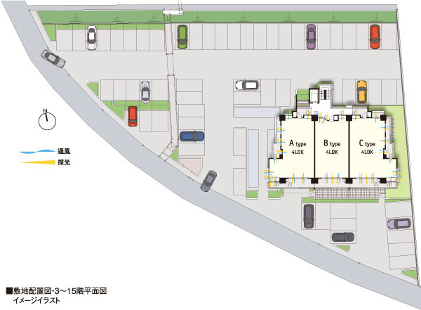 Features of the building.  [South beautiful Yahatagawa. Ensure a bright living space] About 2 / 3 corner dwelling unit. 1 floor 3 House design that enhance the independence of (the first floor is 2 House). Bright south-facing was also friendly lighting in the lower floors. (Site layout)