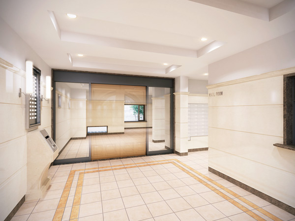 Shared facilities.  [Entrance hall] The motif of the design, Bright and refreshing life to get the grace of the sun. Ashirai marble with elegant texture and color tone luxury, I was aware of the elegance high spatial. It becomes inspiring commitment to design, Deepen further the joy of live. (Entrance Hall Rendering)