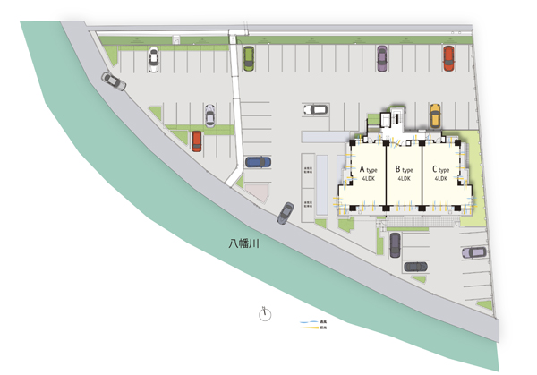 Site layout. Riverside location flowing Yahatagawa in front of the site. Sense of openness is not perfect. Around the building which was spacious and layout by arranging the parking lot, It enhances the sense of openness! !