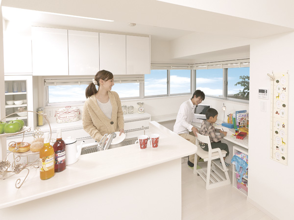 On the corner dwelling unit is, New concept adopted "V- original kitchen" of Verdi (reference photograph. The sky is synthetic. In fact the different. )