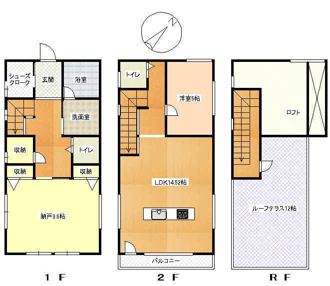 Floor plan. 20,900,000 yen, 1LDK + S (storeroom), Land area 88.01 sq m , Building area 86.33 sq m 1F: storeroom 9.6 Pledge bathroom Wash Toilet 2F: LDK14.52 Pledge Western-style 5 Pledge loft Toilet RF: roof balcony 12 Pledge