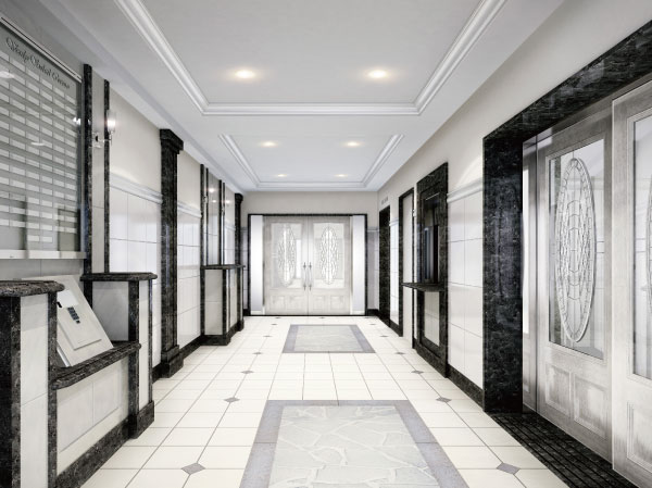 Shared facilities.  [Shared space that decorate the everyday landscape in high sensitivity. Attach the flower to apartment life] Flow line leading from the entrance to each dwelling unit. It is to produce this touchingly, Windbreak room and is the entrance hall. Chic marble that space design luxury decorated with shades, Attract people with crush. Windbreak room ahead becomes a security zone, To guard a suspicious person of intrusion. (Entrance Hall Rendering)