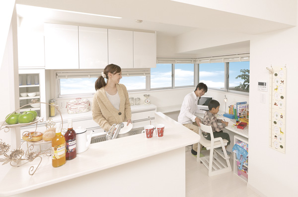 Building structure. Adopted a corner sash bright draughty "V- original kitchen". L-shaped family counter and cupboard also become learning desk, Standard equipped with a back door! ! (Reference photograph)