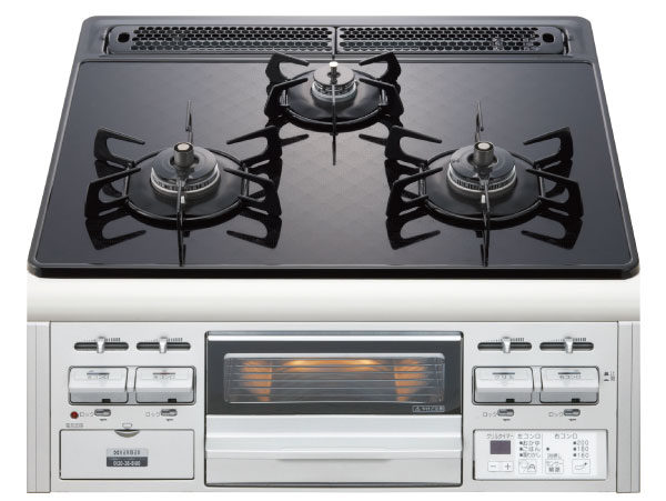 Kitchen.  [Glass top three-necked gas table] The top plate has less unevenness of the heat-resistant glass, Easy to clean. Oil dirt and boiled spill Otose to clean with wipe quick and people, When you can also use beautifully to. With Si sensor of peace of mind even if there is forgetting to turn off and fade-out.