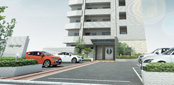 Shared facilities.  [Approach Rendering] Shine in blue sky and the green of the mountains, Stylish appearance of chalk. It has become a symbol of the modern architectural design, This approach. Trees of green and texture and a quaint exterior wall tiles draw together, Refinement and dignity. Molding and the design will meet deeply the heart speak to aesthetic sensibility.