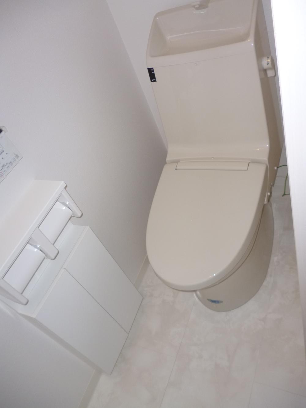 Toilet. Wall with storage is also convenient.