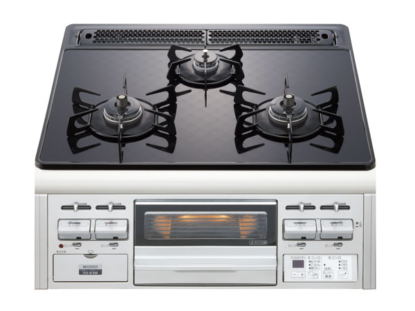 Kitchen.  [Glass top three-necked gas table] The top plate has less unevenness of the heat-resistant glass, Easy to clean. Oil dirt and boiled spill Otose to clean with wipe quick and people, When Can also be used beautifully to.