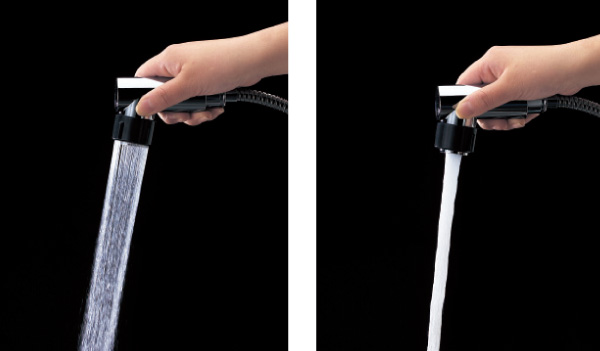 Bathing-wash room.  [Lift-type single-lever shower mixing faucet] Water spouting volume adjustment with a single lever. Convenient for shampoo in the lift formula. Spouting is a two-stage switching of water conditioner and shower.