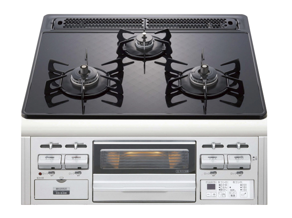 Kitchen.  [Glass top three-necked gas table] Three-neck type of excellent large and small to usability. The top plate is the easy-to-clean design of heat-resistant glass.