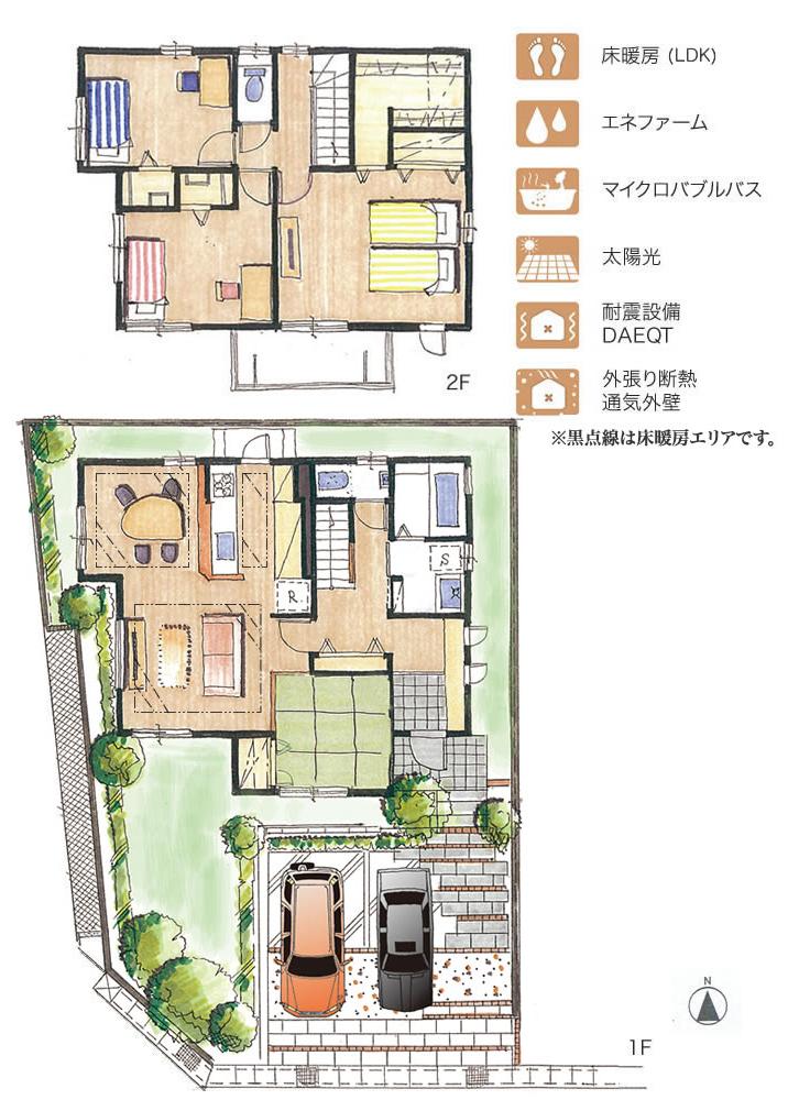 Floor plan.  [No. 1 destination] So we have drawn on the basis of the Plan view] drawings, Plan and the outer structure ・ Planting, such as might actually differ slightly from.  Also, furniture ・ Car, etc. are not included in the price. 