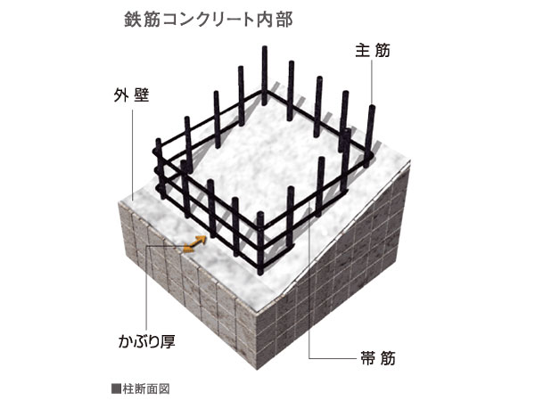 Building structure.  [Concrete head thickness in excess of the Building Standards Law] Concrete because of the alkaline, Influenced by the substance in the atmosphere will continue to neutralize. And this phenomenon is rusting rebar in the concrete and extremely advance, Extrusion rebar is the outside of the concrete, It can cause damage. As a countermeasure, The thickness of the concrete in the company to cover the rebar to (head thickness), Provided with a target value which was thick about 10mm than the numerical value which is determined by the Building Standards Law, It protects the rebar. (Conceptual diagram)