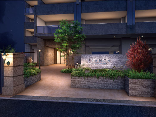 Shared facilities.  [We want to create a space where the heart is opened only get back here] Greeted the soft look of the trees to be displayed in the soft lighting and the illumination, Go heart is opened only get back here. Not only just a sense of quality, This entrance was produced in the thought that I want to create a space that has been wrapped in such kindness. (Entrance Rendering)