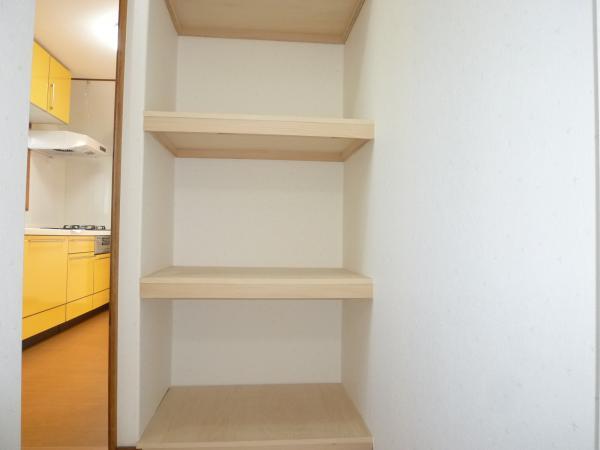 Wash basin, toilet. Storage shelves of undressing room