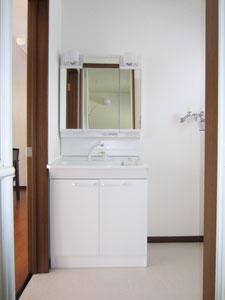 Wash basin, toilet. Right residential part: vanity with a brand-new three-sided mirror (with a shower)