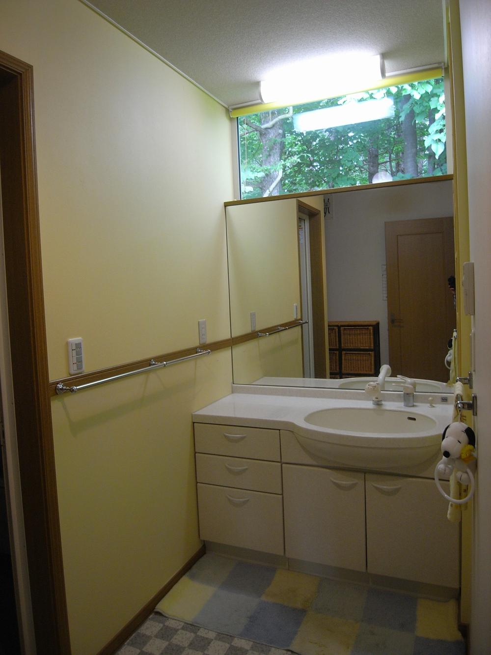 Wash basin, toilet. Vanity green is visible