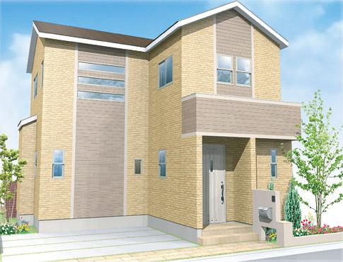 Rendering (appearance).  [R-10 issue areas ・ Model house]   □ All-electric eco specification with solar power + Cute  □ All window Low-E pair glass  □ Next-generation energy-saving specifications