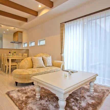 Model house photo. Our model house of the neighborhood in the public. Stylish living room with large windows.