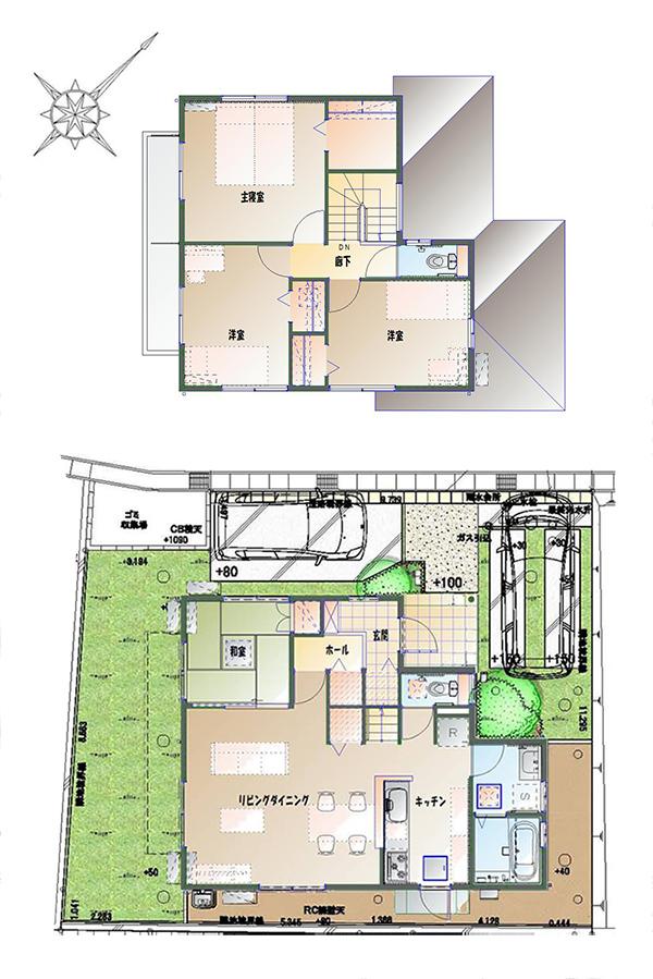 Floor plan.  [No. 5 areas] So we have drawn on the basis of the Plan view] drawings, Plan and the outer structure ・ Planting, such as might actually differ slightly from.  Also, furniture ・ Car, etc. are not included in the price. 